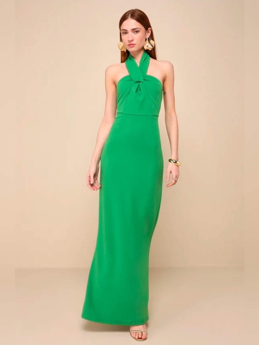Lulus Dress Women Medium Green Mesmerizing Perfection Halter Neck Backless Maxi